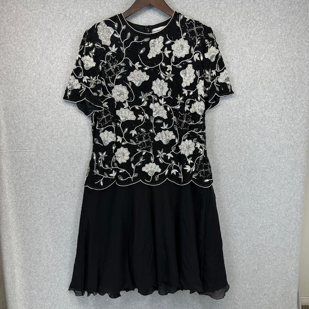 VTG Adrianna Papell Evening Dress Size 14 Black Floral Embroidered Silk Beads